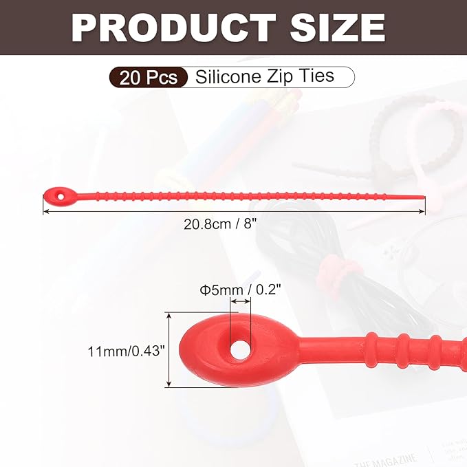 PATIKIL 8 Inch Silicone Cable Ties, 20pcs Rubber Reusable Twist Zip Ties Organizer for Home Office Kitchen Food bags Wires Adjustable Bag Clip, Deep Red