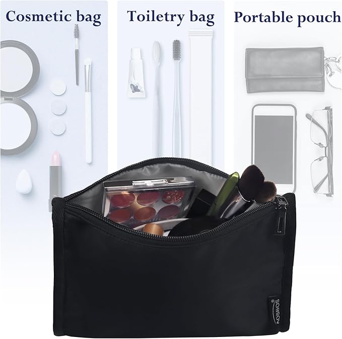 Aosbos Premium Small Makeup Bag, Compact Cosmetic Pouch, Travel-Size Make UP Case for Women, Black