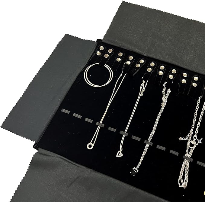 UnionPlus Velvet Travel Jewelry Roll Bag Organizer for Necklace, Elastic Band and Anti-winding, Large, Black