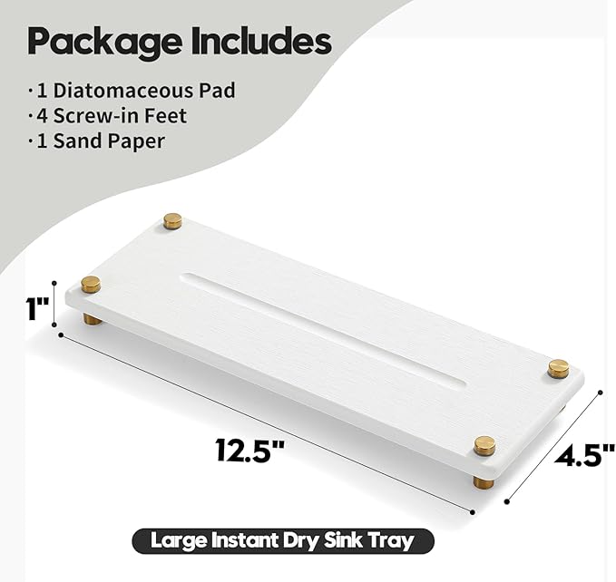 White Gold Dish Drying Rack Tray, Water Absorbing Stone Sink Caddy Kitchen Sink Organizer, Diatomite Bathroom Counter Faucet Mat Coaster, Soap Riser Dispenser Sponge Holder, White 12.5" x 4.5"