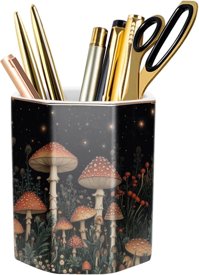 WAVEYU Pen Holder, Pencil Cup for Desk, Cute Desk Organizer, Durable Ceramic Decorative Makeup Brush Desktop Accessories, Stylish Stationery for Office, Home, Cute Mushroom Pattern