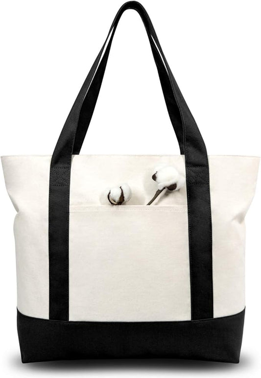 TOPDesign 30-Pack Canvas Tote Bags with an External Pocket, Reusable Grocery Shopping Bags, Top Zipper Closure, Daily Essentials (Black/Natural)