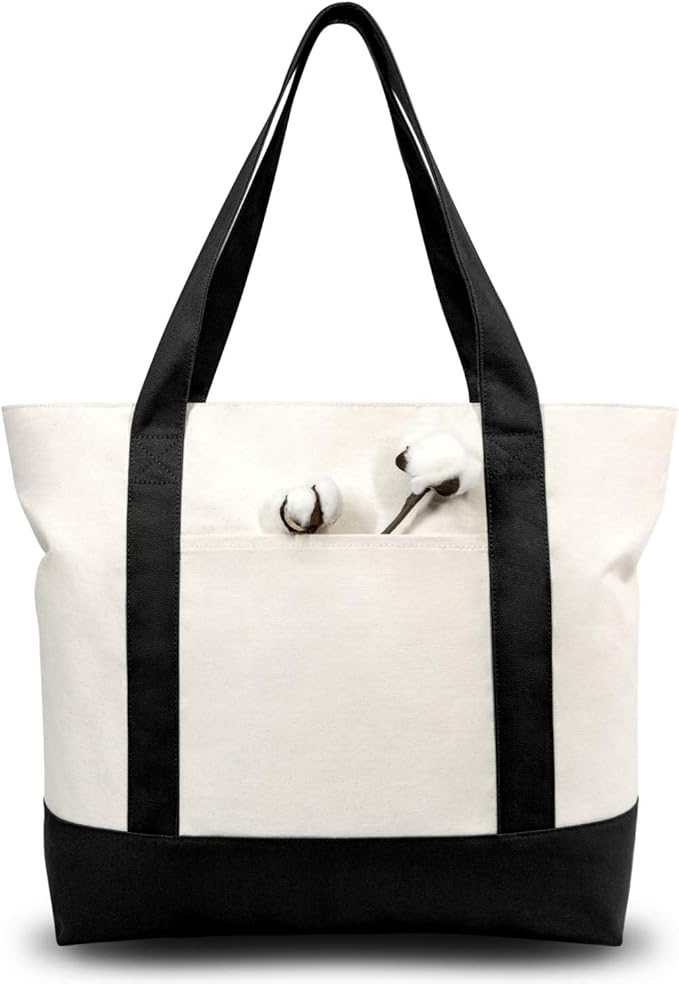 TOPDesign 6-Pack Canvas Tote Bags with an External Pocket, Reusable Grocery Shopping Bags, Top Zipper Closure, Daily Essentials (Black/Natural)