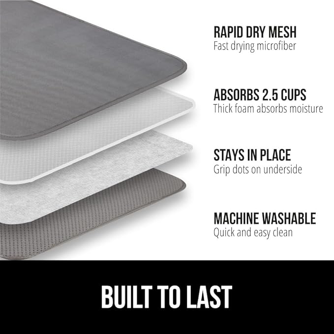 GORILLA GRIP Ultra Water Absorbent Microfiber Dish Drying Mat, 18x32, Quick Dry Thick Mesh, Slip Resistant Pad for Sink Dishes or Under Rack, Kitchen Counter Accessories, Machine Wash Mats, Gray