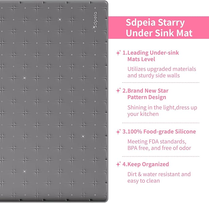 Sdpeia Under Sink Mat 22"×14" Waterproof Silicone Cabinet Liner & Sink Protector for Kitchen & Bathroom, Multi-Purpose Organizers Tray for Pets, Laundry, Cat Litter Mat,Gray