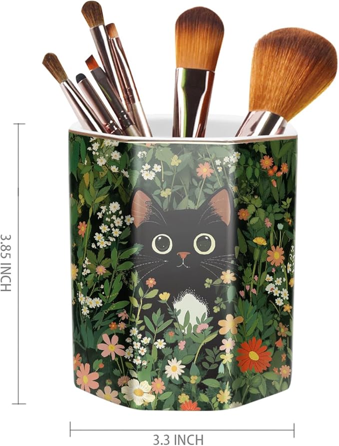 WAVEYU Pen Holder, Pencil Cup for Desk, Cute Desk Organizer, Durable Ceramic Decorative Makeup Brush Desktop Accessories, Stylish Stationery for Office, Home, Cute Cat Pattern