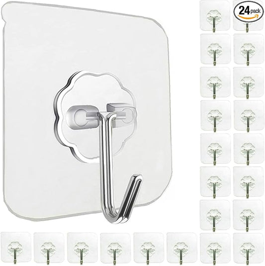 24 Pack Heavy Duty Self Adhesive Hooks - 33lb Max, Transparent, Waterproof, Sticky Wall Hooks for Keys, Bathroom, Shower, Outdoor, Kitchen, Door, Home Improvement, Utility