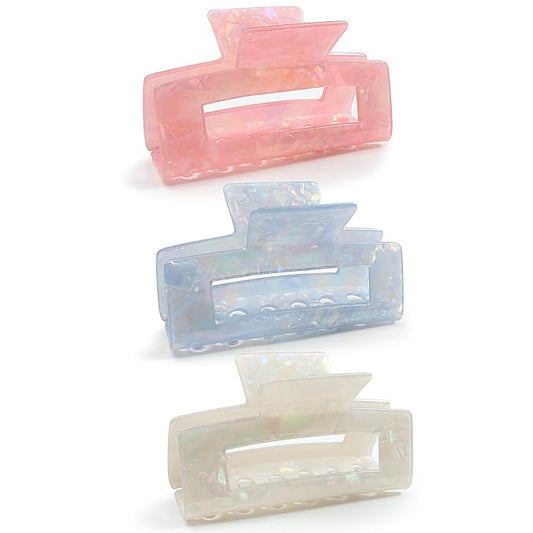 3PCS Large Hair Claw Clips for Thick Hair - 4 Inch Acrylic Strong Hold Non-Slip Barrettes Hair Clamps for Women - Big Rectangle Hair Clips for Curly Hair, Updo, Bun, Ponytail (white&blue&pink）