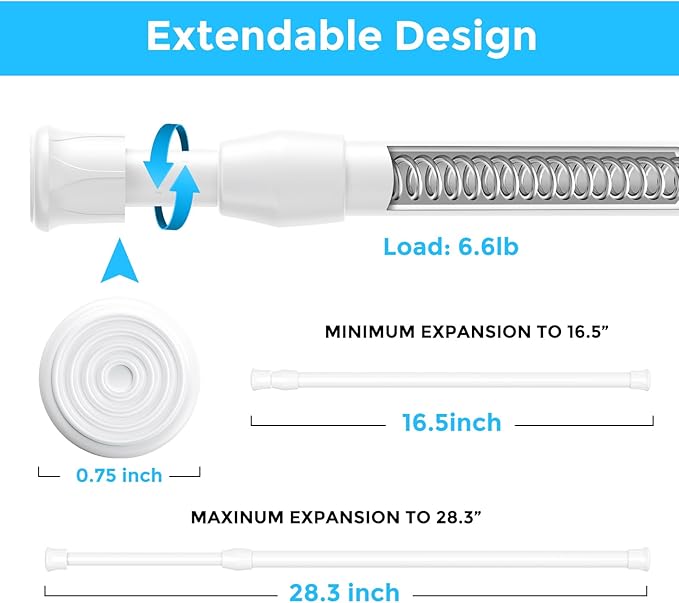 2PCS Small Tension Curtain Rod 16 to 28 Inch, White Short Curtain Rods No Drilling, Loaded Expandable Spring Curtain Rods for Kitchen, Closet, Cupboard, Door, Bookshelf
