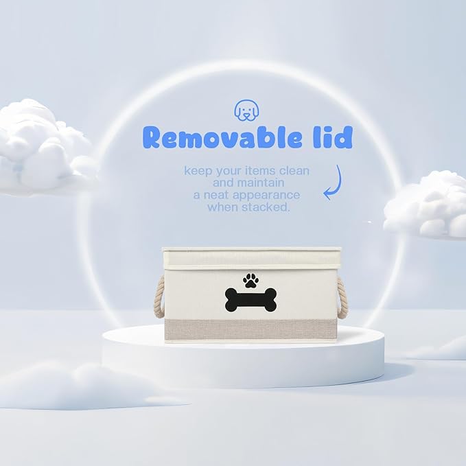 Dog Toy Basket with Lid, Dog Basket for Toys, Dogs Toy Box with Cotton Rope Handles, Collapsible Storage Bins for Pet Toys, Dogs Storage Organizer, Beige&Gray