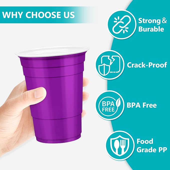 LANLISA 100 Purple Plastic Cups, 16 oz Disposable Cups, Drinking Cups For Party Supplies