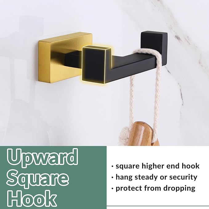 APLusee Black Gold Double Towel Hook, Heavy Duty Stainless Steel Robe Hook for Bathrooms, Wall Mounted