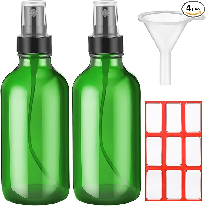 Fumete 2 Pack Glass Bottles 4oz Empty Refillable Liquid Containers with 1 Label 1 Funnel for Essential Oils Hair Travel Plants Cleaning Skin Care(Green, Black Top,Mist Bottle)