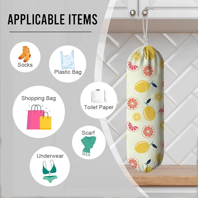 Lemons Plastic Bag Holder, Reusable Hanging Grocery Bags Holder, Pantry Organization, Summer Home Decor for Kitchen, Housewarming Gifts for Women, Kitchen Pattern Garbage Bag 63