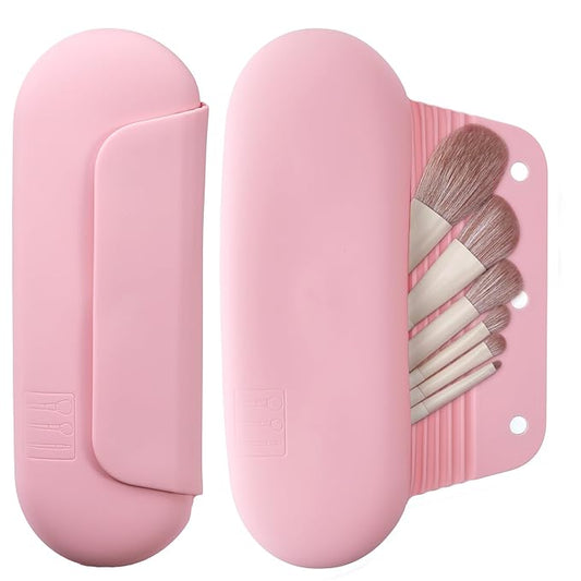 AGIKET Silicone Makeup Brush Holder Travel Cosmetic Bag: Soft Portable Cosmetic Face Brushes Holder with Upgraded Anti-Fall Out Magnetic Closure, Large Travel Makeup Brush Case - Pink