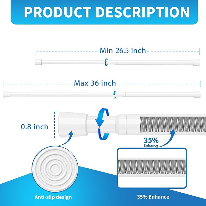 AIZESI Tension Curtain Rod for Windows 26.5 to 36 inch, Adjustable Expandable Pressure Spring Curtain Rod No Drilling, White Curtain Rod for Bedroom Doorway Closet Door