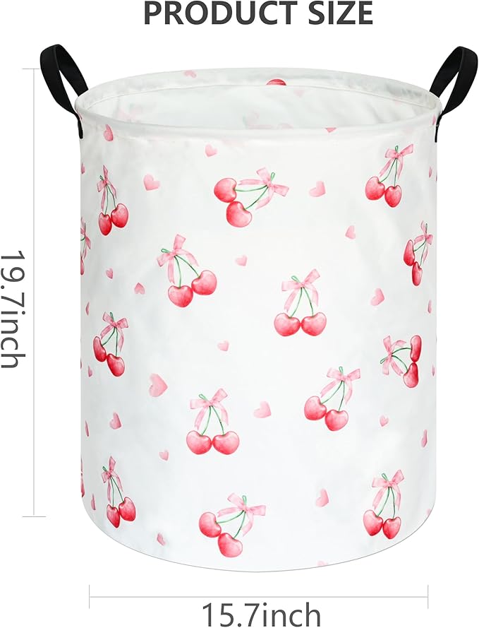 Cherry Print Round Laundry Hamper Storage Basket Bins Clothes Nursery Hamper for Home, Gift Storage Bins with Handles
