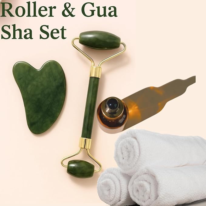 Gua Sha Facial Tool and Jade Roller Set –Anti-Aging Tools for Lymphatic Drainage, Puffiness, Wrinkles, and Relaxation – Skincare Tool for Face and Neck (Dark Green)