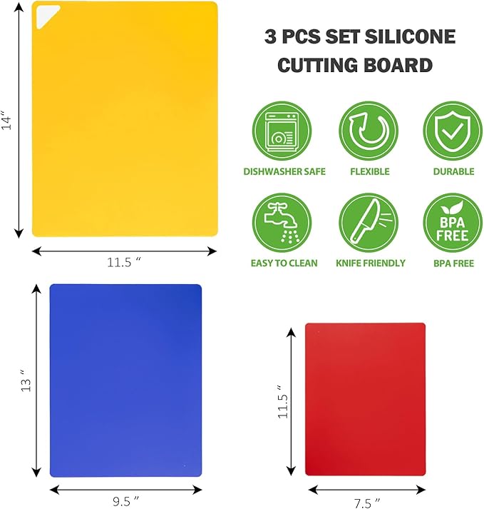 WK Flexible Plastic Cutting Boards for Kitchen Set of 3, Non slip Cutting Mats, Colorful Thin Cutting Sheets for Meat, BPA Free, Dishwasher Safe