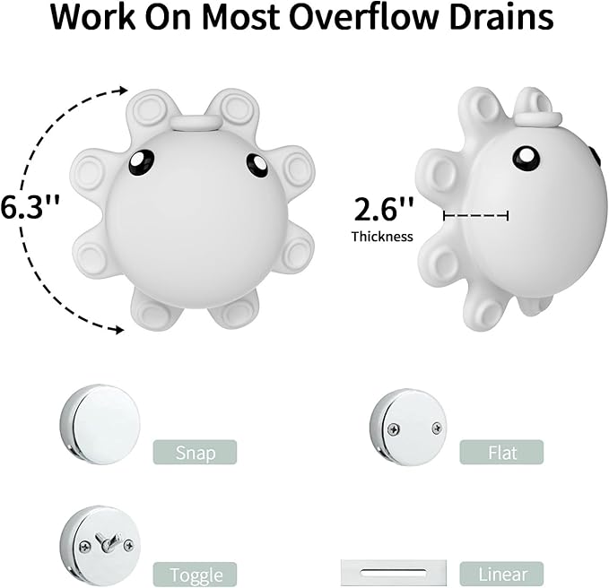 Bathtub Overflow Drain Cover - Silicone Bath Tub Drain Cover, Octopus Tub Overflow Drain Stopper with Suction Cups, Adds Inches of Water for Deeper Bath, Bathroom Spa Relaxing Accessory, Grey