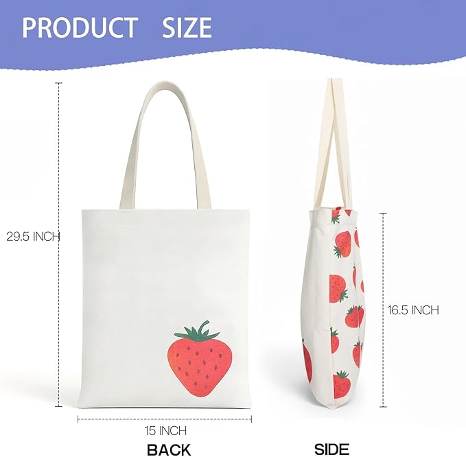 1-PACK Cute Strawberry Print Canvas Tote Bag, Reusable Grocery Bag with Magnetic Snap Closure & Inner Zipper Pocket, Aesthetic Gift for Women