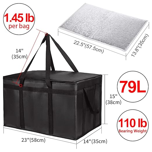 1-Pack Insulated Food Delivery Bag with Hard Bottom, XXX-Large Commercial Food Warmers for Delivery Drivers, Insulated Reusable Grocery Cooler/Hot Bags, Tote Bag for Shopping/Travel, Black