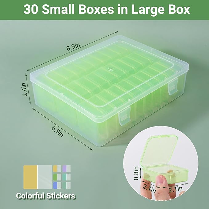 Cosics Bead Storage Containers, Clear Plastic Bead Organizer Case with Hinged Lid and Labels, Mini Craft Storage Box for Small Projects, Jewelry Kit, DIY Craft Supply, Stickers, False Nails, Green