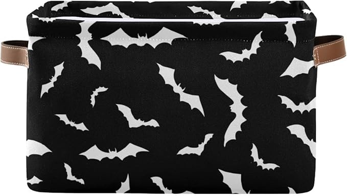 Halloween Black Bat Storage Basket Fabric Kitchen Baskets Spooky Happy Halloween Open Home Storage Bins Boxes Foldable Organizer Bag for Baby Cloth Pet Toy Book Shelf Closet Baskets 16×12×8 Inches