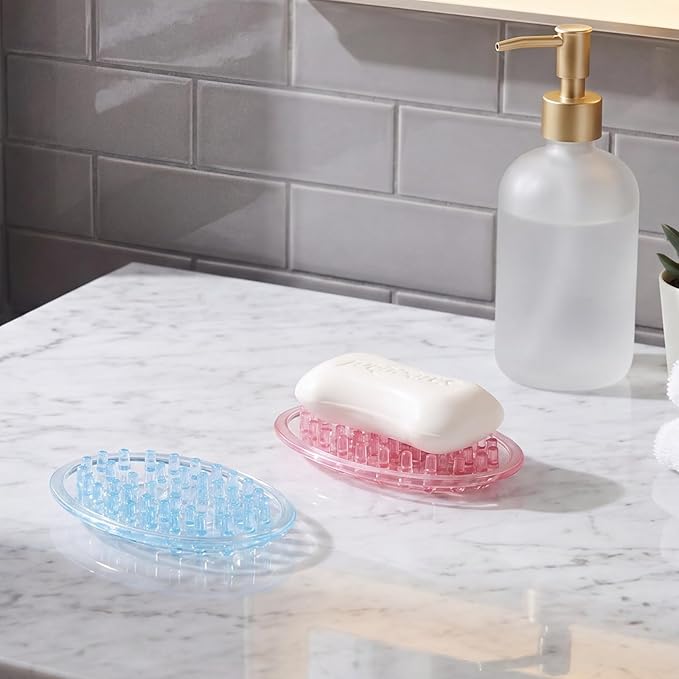 4 Pcs Plastic Soap Holder Soap Dish Bar Saver Tray with Holes Sponge Holder for Kitchen Bathroom Shower Counter, 4.5 x 3 x 0.7 Inches (Pink,Blue)