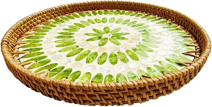 Handmade Round Rattan Tray with Mother of Pearl Inlay, Rattan Service Tray with Wooden Base, Table Decoration with Wicker Baskets, Storage and Display of Bread,Fruit,Desserts (Green Grape)