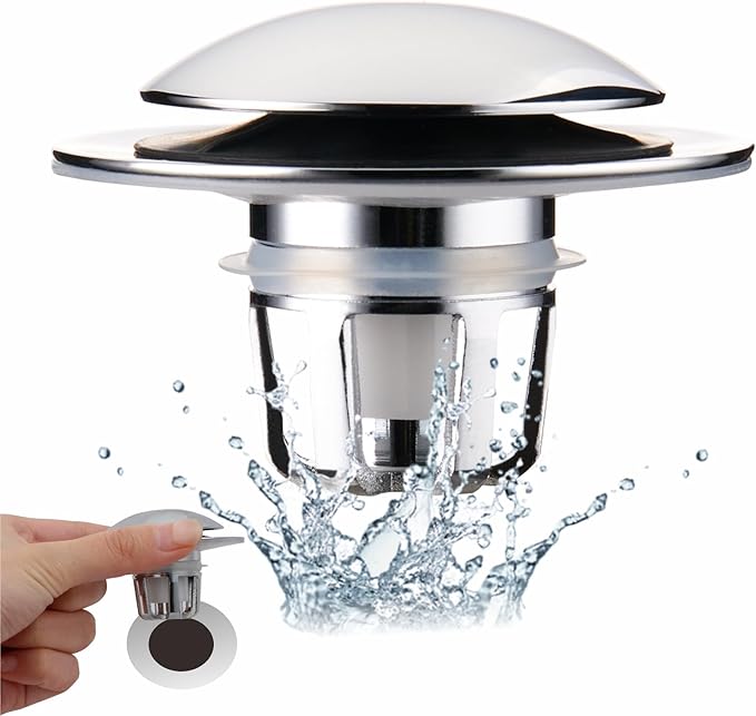 Chrome Bathroom Sink Drain Stopper, Wellup Universal 2-in-1 Sink Stopper Bathroom Drain for 1 1/8"-1 1/2" Sink Drain Hole, Pop up Sink Stopper with Anti-Clogging Strainer, Chrome Plated