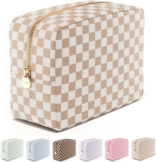 Embla Makeup Bag Travel Cosmetics Pouch and Toiletry Bag, Nylon Zipper Pouch Purse, Cute Make Up Organizer Storage Tote for Women Girls, Travel Skincare Case, Large Makeup Case, Sand Checkered