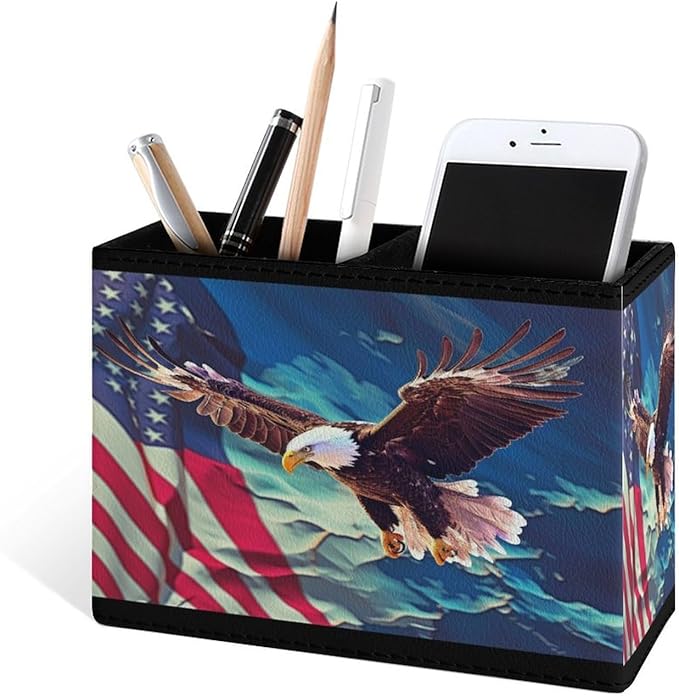 Famame American Flag Map Eagle Pencil Holder for Desk, Leather Desktop Container Pen Cup Storage Study Table Pen Organizer Makeup Brush Holder for Classroom Office Home