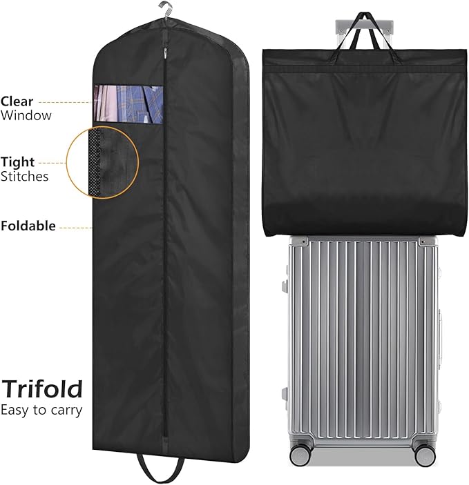 MISSLO 65" Long Garment Bags for Travel Dress Bags for Hanging Clothes Wedding Dress Cover Waterproof Clothes Protector for Closet Storage 2 Packs for Gowns, Tuxedos, Coats, Black