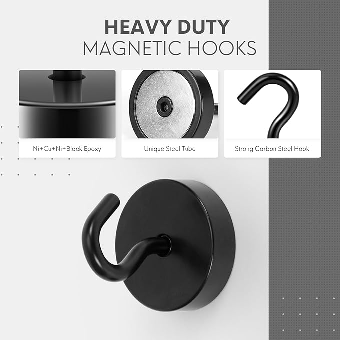 Neosmuk Magnetic Hooks, Cruise Ship Essentials, 80lb+ Heavy Duty Magnetic Hooks for Cruise Cabins, Refrigerator, Grill, Hanging, and Travel | Extra Strong Must-Have Magnet Hook, Black, 5 Pack