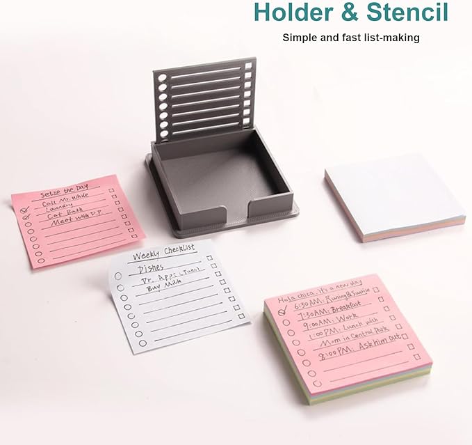 2 PCS Sticky Note Holder Compatible, with Sticky Note, 3x3 Sticky Pads Dispenser with Stencil, Memo Pad Organizer with Line Box Drawing Template for Office and Home