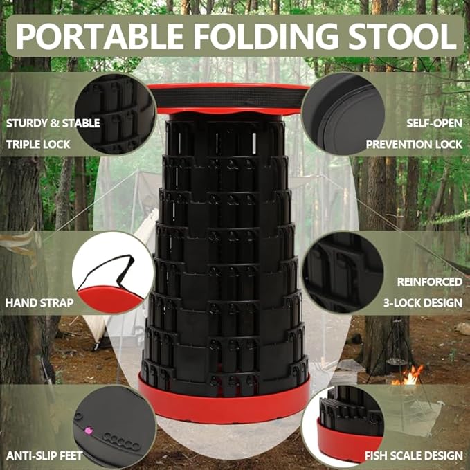 2025 Collapsible Stool Chair, Upgraded Folding Stool for Adults Lightweight, Sturdy, Adjustable, Portable, Foldable Seat Sturdy Stools for Outdoor Camping Fishing Hiking Gardening BBQ
