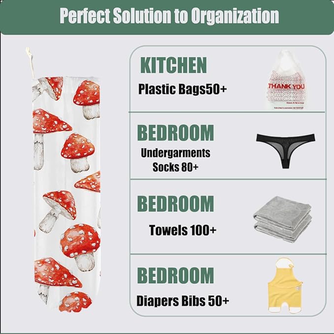 Mushroom Plastic Bag Holder for Kitchen Essentials, Wall Mount Grocery Bag Holder for Plastic Bags, Reusable Large Grocery Bags Storage Dispenser for Home Kitchen, Cute Mushroom Gifts for Women