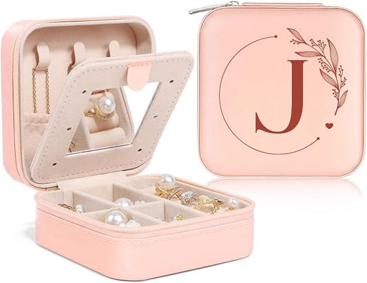 SANDJEST Personalized Jewelry Box, Pink Small Travel Jewelry Box with Initial J, Monogrammed Jewelry Case Organizer for Girls Women Teen, Mini Travel Essentials Gifts for Christmas Birthday