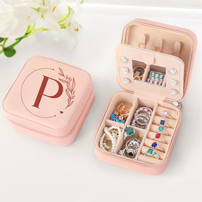 SANDJEST Personalized Jewelry Box, Pink Small Travel Jewelry Box with Initial P, Monogrammed Jewelry Case Organizer for Girls Women Teen, Mini Travel Essentials Gifts for Christmas Birthday