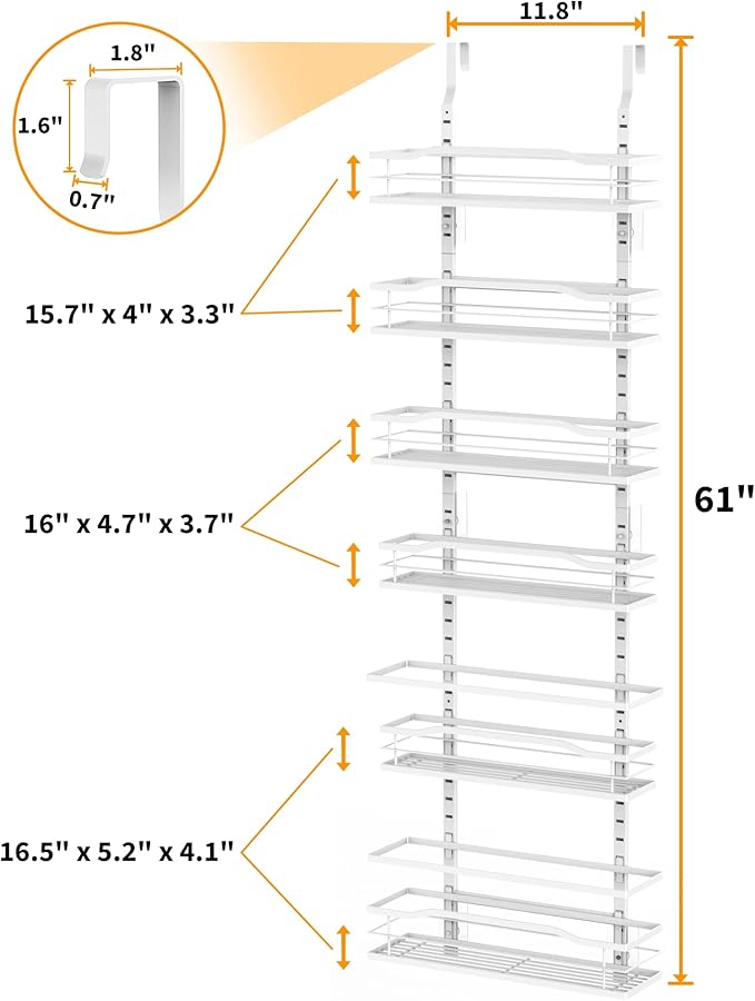 Moforoco White 6-Tier Over-the-Door Pantry Organizer, Pantry Organization Storage, Door Metal Hanging Spice Rack Basket Shelves, Home Kitchen Apartment Essentials, Laundry Room Bathroom Organization