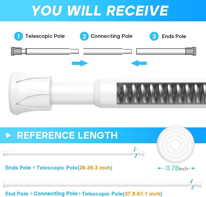 Tension Rods 28 to 48 Inch, 2Pcs White Spring Tension Curtain Rod No Drilling No Slip Spring Rods Adjustable Spring Curtain Rod