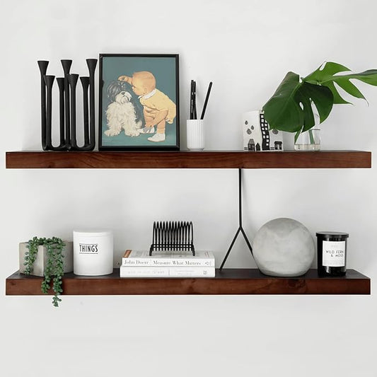 Homeforia Walnut 36 inch Floating Shelf, High-End Solid Real Wood 36-inch Large Shelves for Bathroom Wall, Dark Brown 36 inches Long Floating Shelves, Heavy Duty Bracket, 36 X 6.5 X 1.75 inch, Set of 2