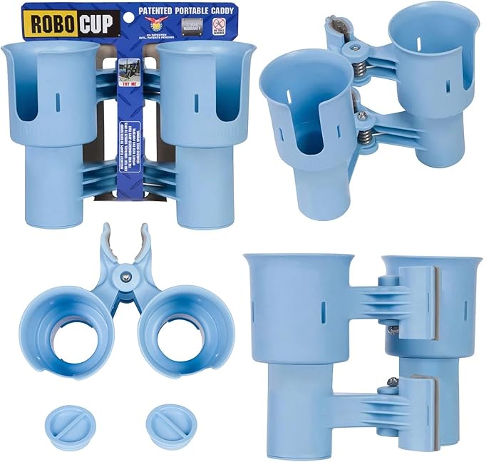 ROBOCUP, (Light Blue), Patented Clamp On Boat Cup Holder |Multifunction Dual Drink Caddy for Fishing Poles, Tools, Net, Gaff |Portable Storage for Boating, Beach, Umbrellas, Golf Carts, Strollers