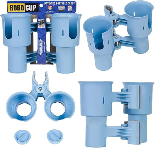 ROBOCUP, (Light Blue), Patented Clamp On Boat Cup Holder |Multifunction Dual Drink Caddy for Fishing Poles, Tools, Net, Gaff |Portable Storage for Boating, Beach, Umbrellas, Golf Carts, Strollers