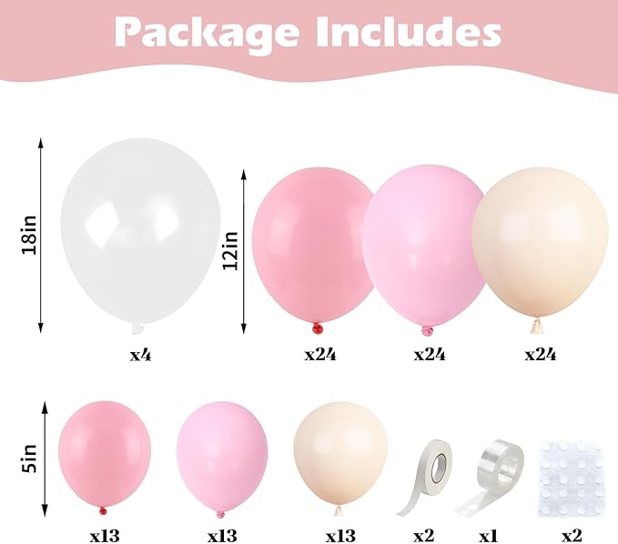 Pink Balloon Arch Kit,Pink White Balloon Arch Garland Kit,120 Pcs Sand White Balloons with 18/12/5 Inch Different Sizes for Bridal Wedding Boho Gender Reveal Baby Shower Birthday Decorations