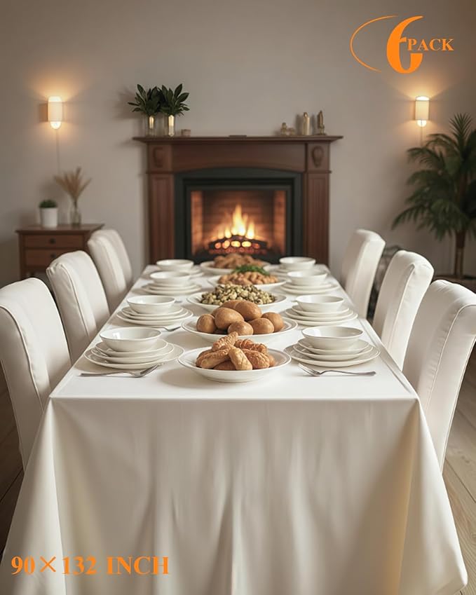 Goodluck 6 Pack Lvory Tablecloth 90 x 132 Inch – Rectangular Polyester Table Cloth, 6-8 Ft Tables – Reusable, Machine Washable Cover for Wedding, Birthday, Party Banquet and Event Decoration