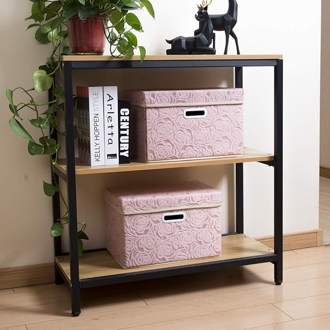 PRANDOM Collapsible Storage Cubes with Lids, Fabric Decorative Storage Bins Boxes Organizer Containers Baskets with Cover Handles for Bedroom Closet Living Room, 14.9x9.8x9.8 Inch, 3 Pack