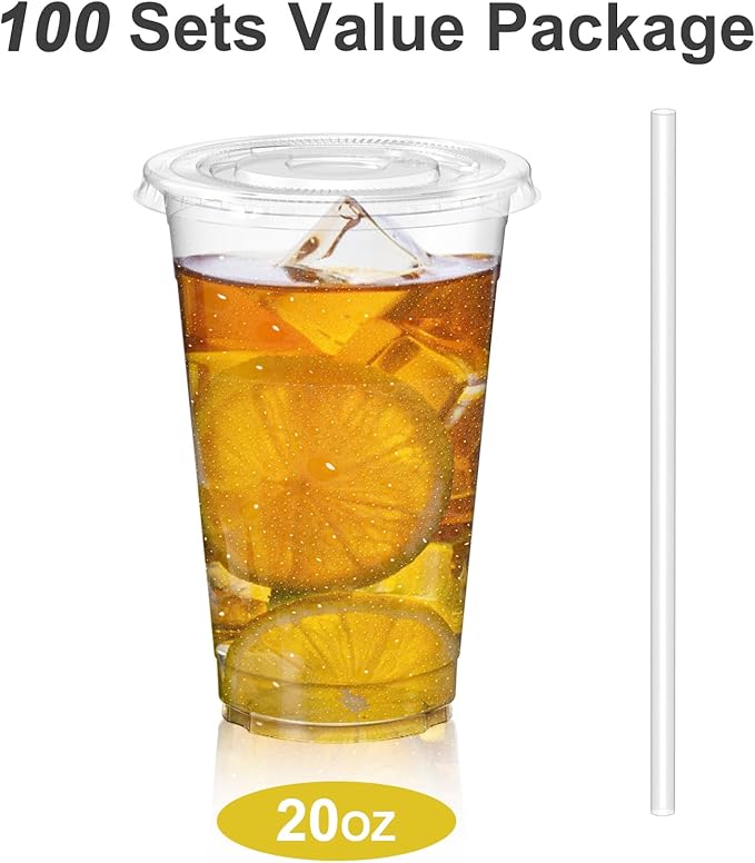 Dealusy 100 Pack - 20 oz Clear Plastic Cups with Lids, Sturdy & Food Safe Iced Coffee Cups with lids, Disposable Plastic Smoothie Cups for Cold Drinks, Sip Lids