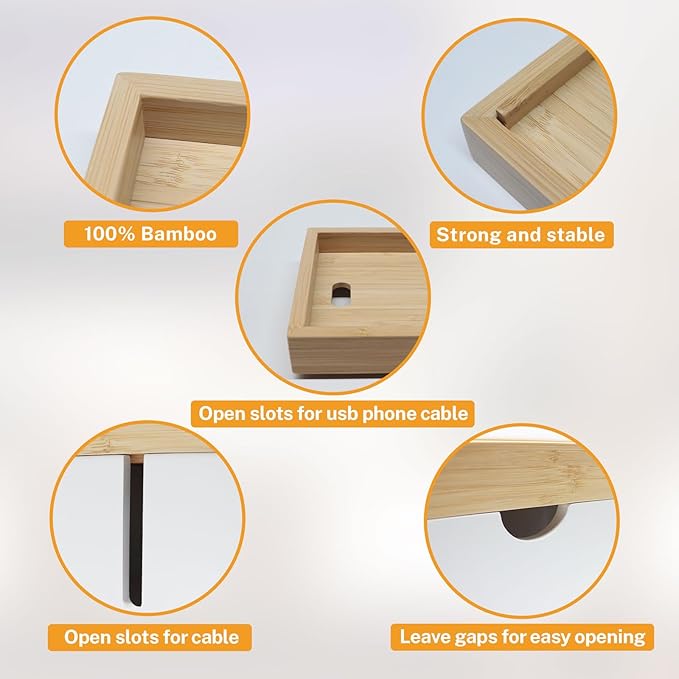 Bamboo Cable Management Box, Large Cord Organizer Box Cable Box to Hide Wires & Power Strips for Desktop Storage Cord Holder for Office Home, No Assembly Required